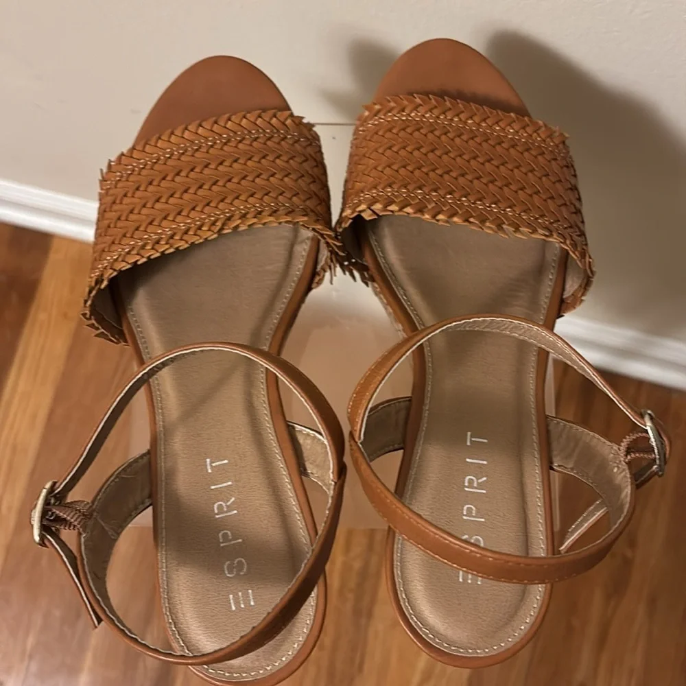 Esprit Brown Leather Sandals with Woven Detail